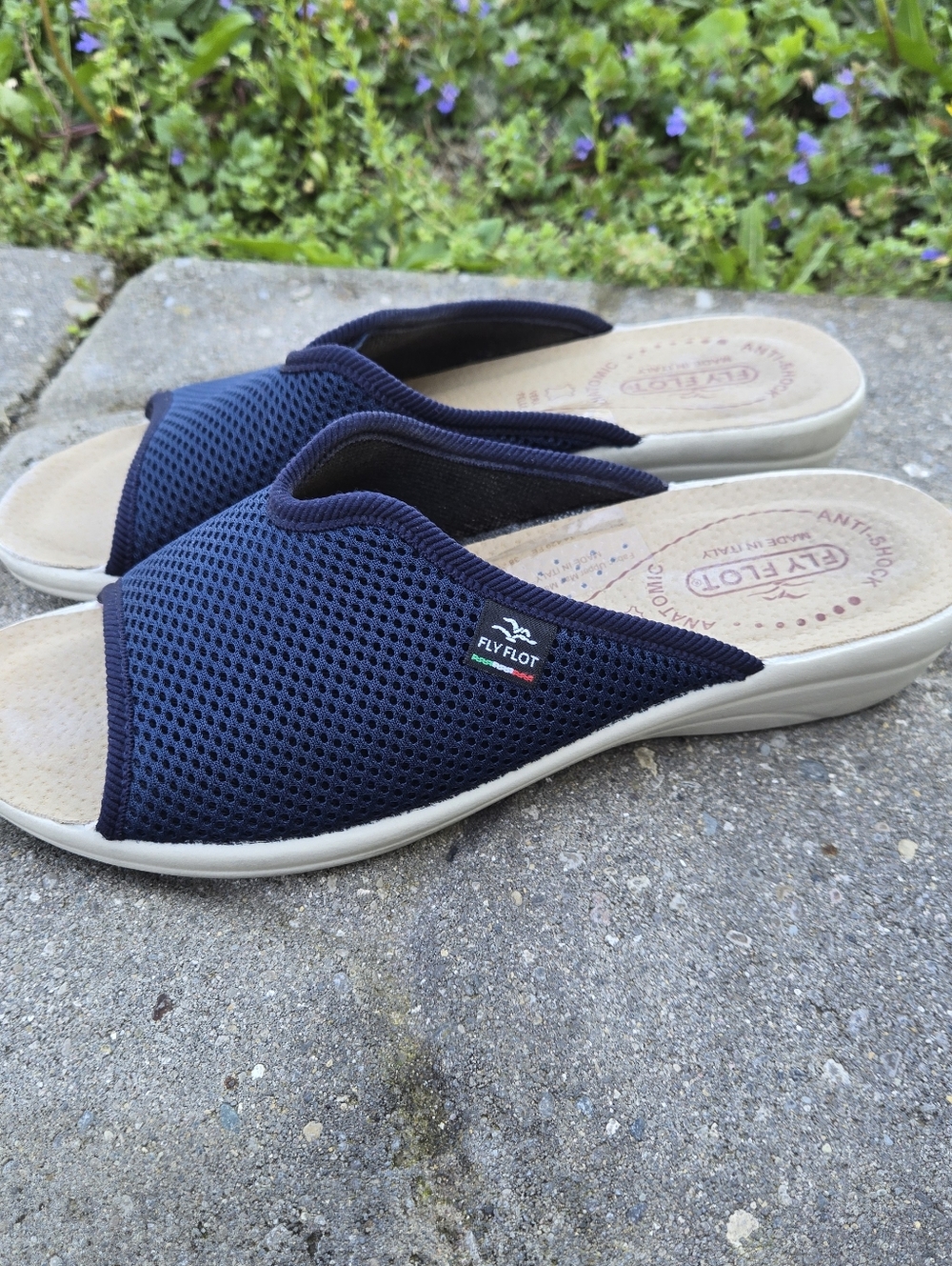 Fly Flot Slide Sandals Womens 38 US 7.5 Navy Mesh Comfort Wedge Made Italy